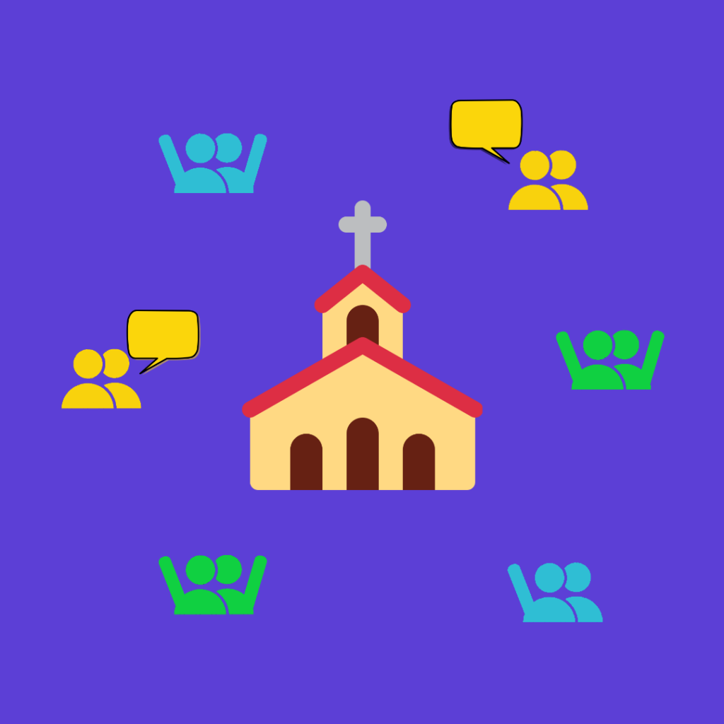Kirche in der Mitte darum junge Menschen die sich durch Hand heben oder Sprechblasen beteiligen.
